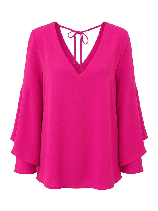 Trina Turk Tops - Trina Turk M/L Hot Pink V-Neck Bell Sleeve Blouse